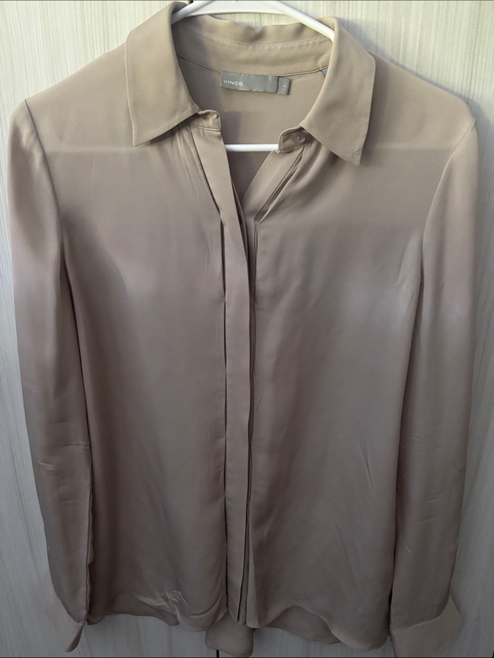 Vince Silk Button-Front Blouse in Taupe